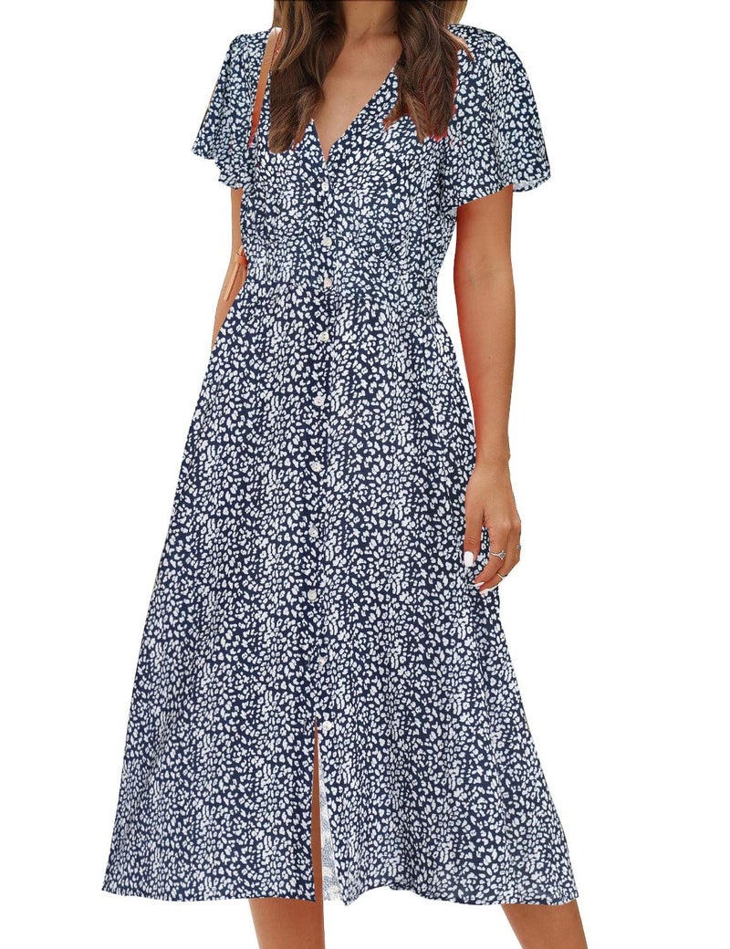 ROYLAMP Women's Floral Button Up Split Dress Deep V Short Bell Sleeve Flowy Midi Dress with Pockets Navy Blue S - Image 1